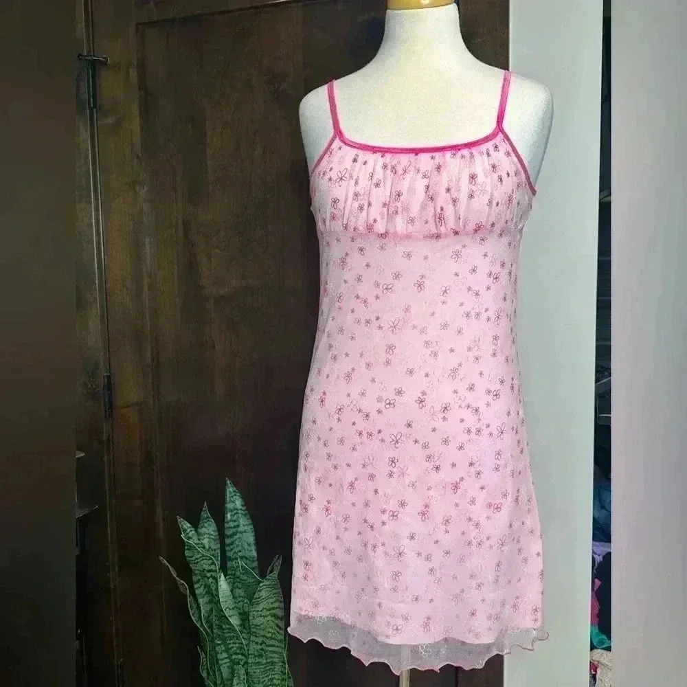 Vintage Cupid USA mesh floral pink mini dress Size 13/14 Women’s Large